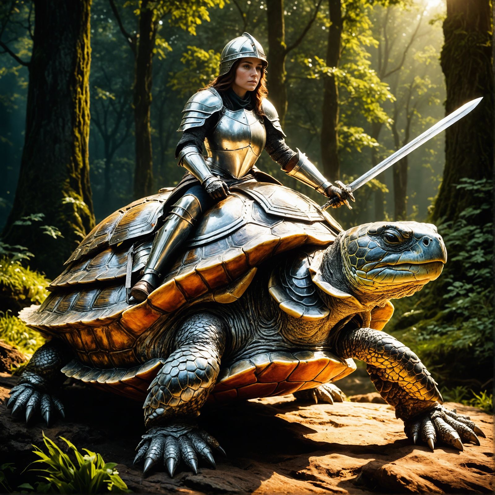 female knight riding a turtle