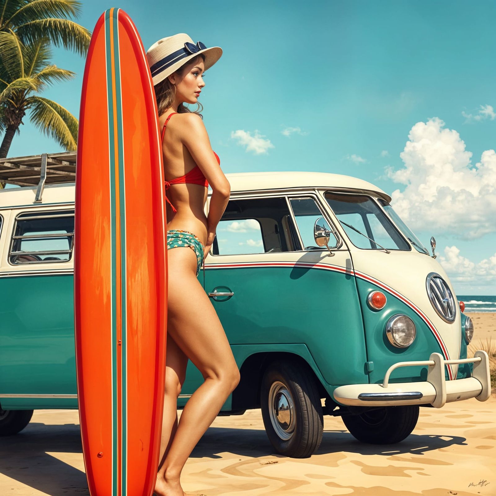 Vibrant 50s Pinup Style Surfer Goddess by the Beach