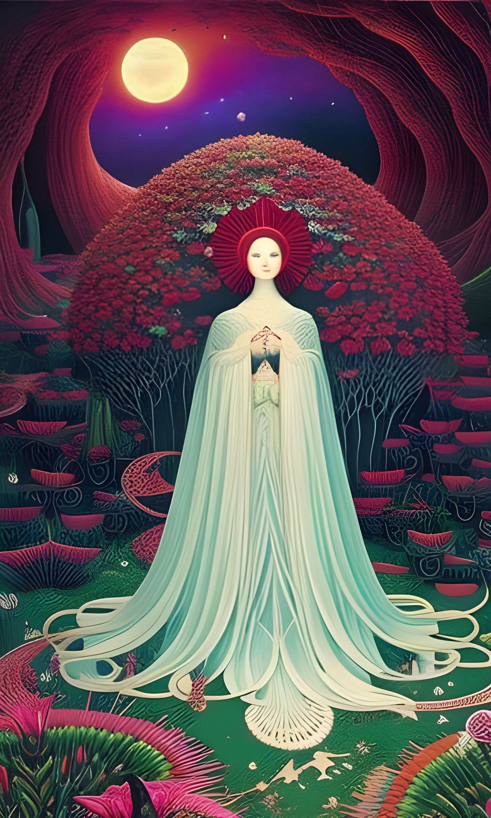 Dreamlike Goddess in Bed of Vibrant Sun and Moon Blooms