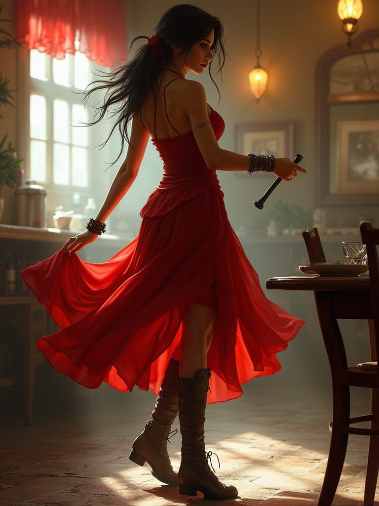 Lara Croft Dancing in Cafe, Digital Painting Style