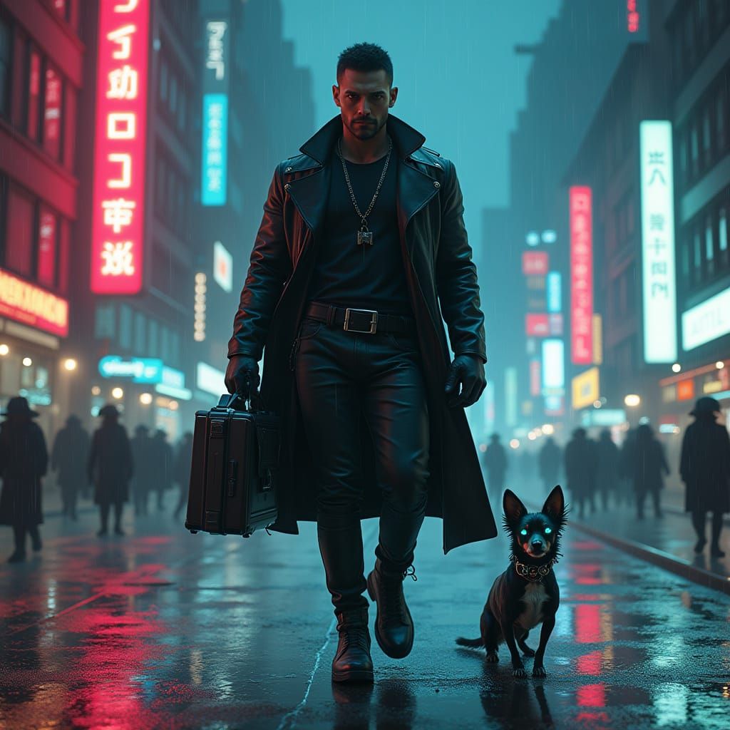 Cyberpunk Warrior Strolls Through Futuristic Neon City with ...