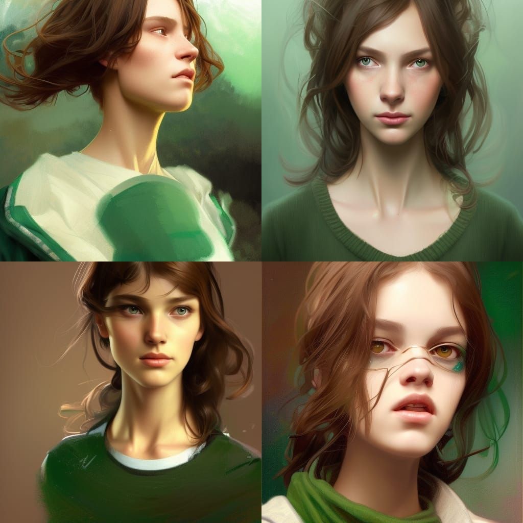 Elegant Girl in Green Sweater and Brown Hair Portraiture