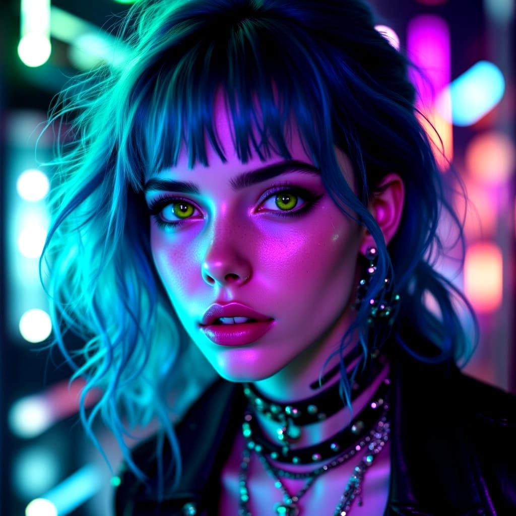 Cyberpunk Woman with Neon Hair and Piercings