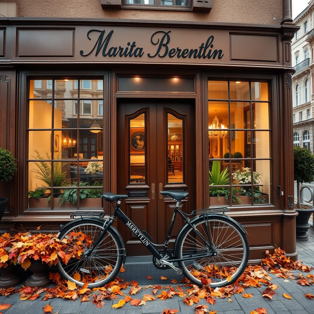 Luxurious Autumn Café Scene with Bicycle and City Skyline