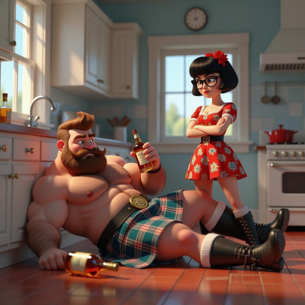 Drunk Scot with Woman in Pixar Style