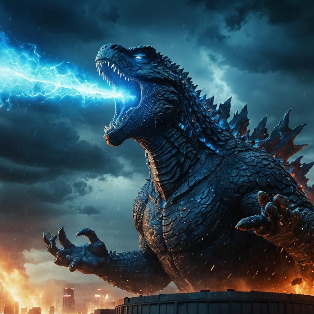 Godzilla blasting blue atomic breath into sky