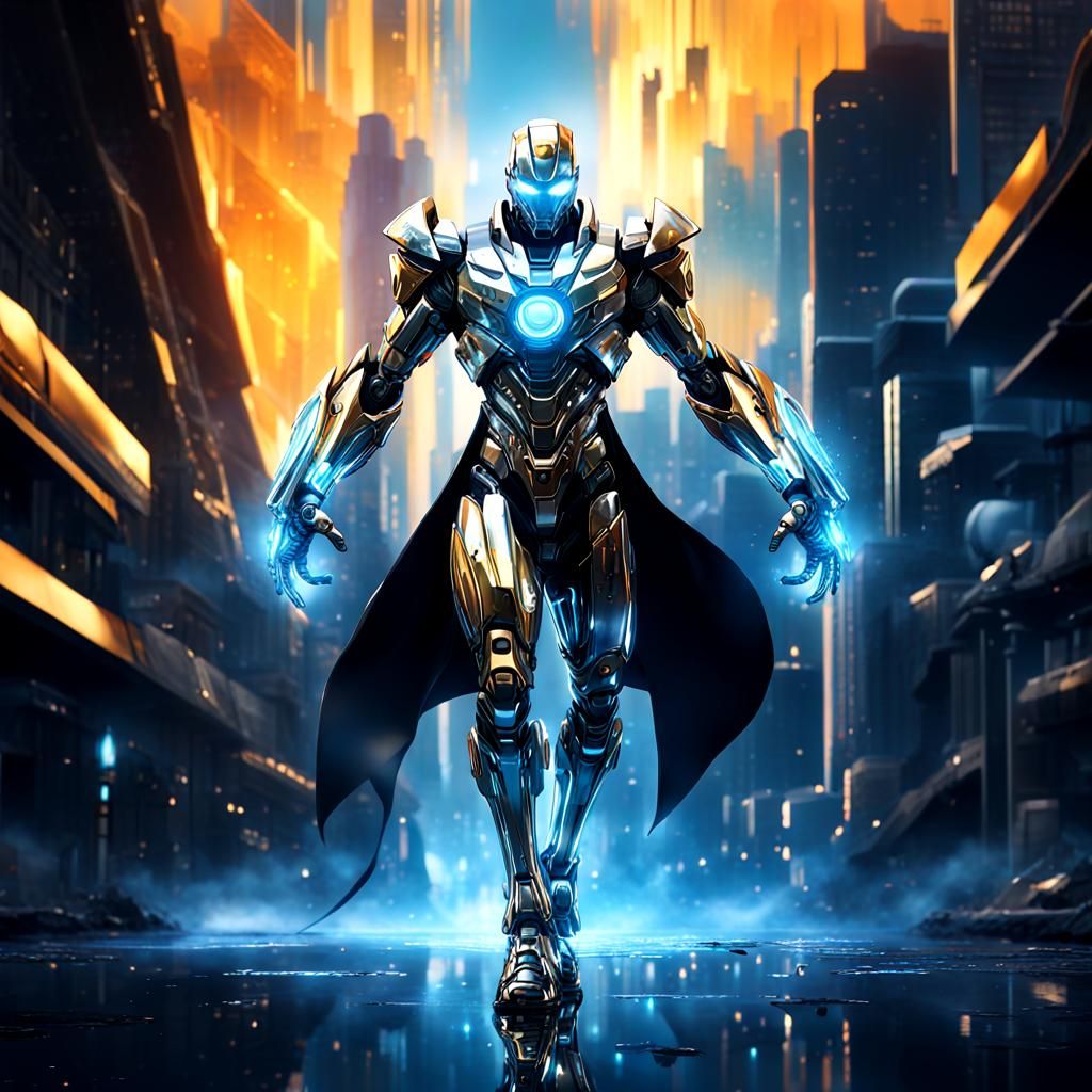 Sleek Cybernetic Figure in Vibrant Digital Landscape