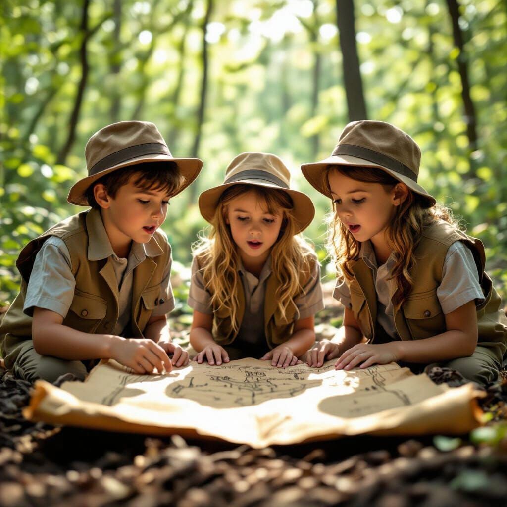 First Grade Explorers Discover Treasure Map in Sunlit Forest