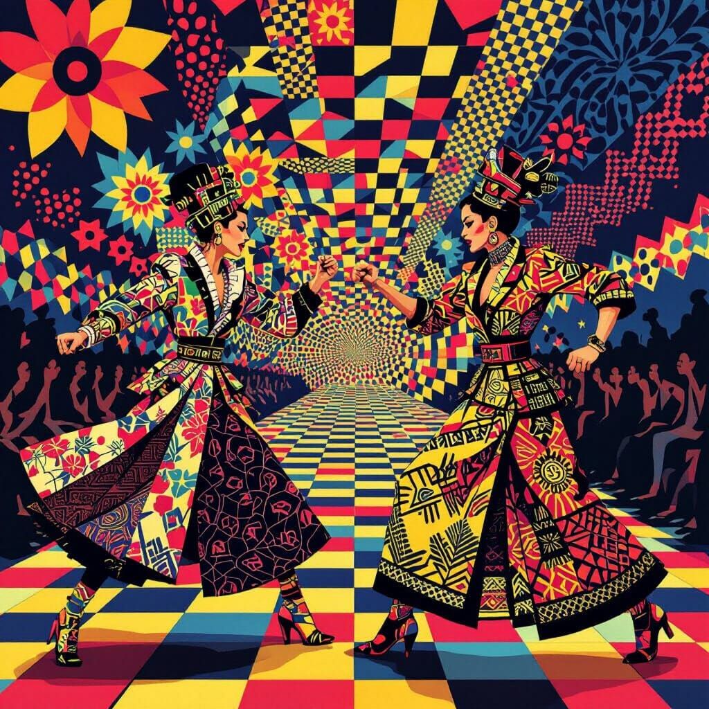 Models Clash on Runway in Kaleidoscopic Pop Art Style