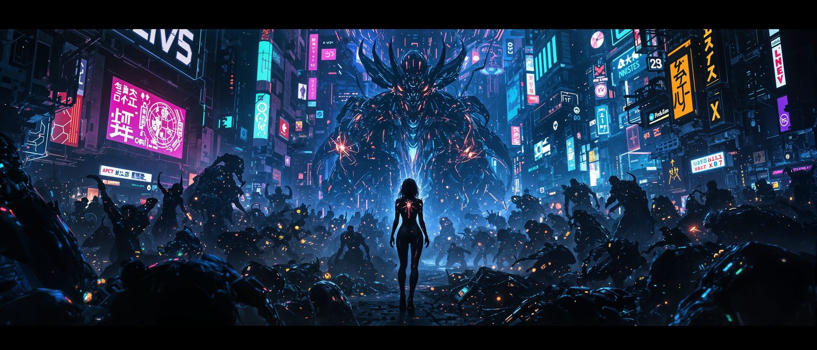 Cyberpunk Witch Dominates Dystopian Cityscape