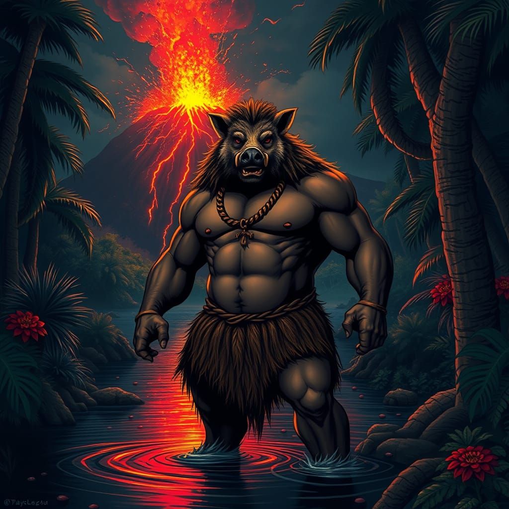 Hawaiian Boar Trickster in Dark, Ominous Landscape