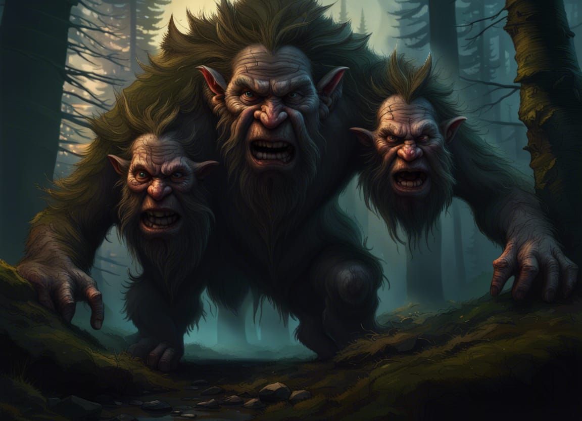 A Norwegian Troll with three heads roaming the forest at night