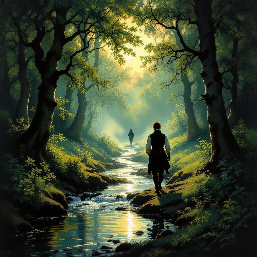 Romantic 18th Century English Stream Landscape with Gentlema...