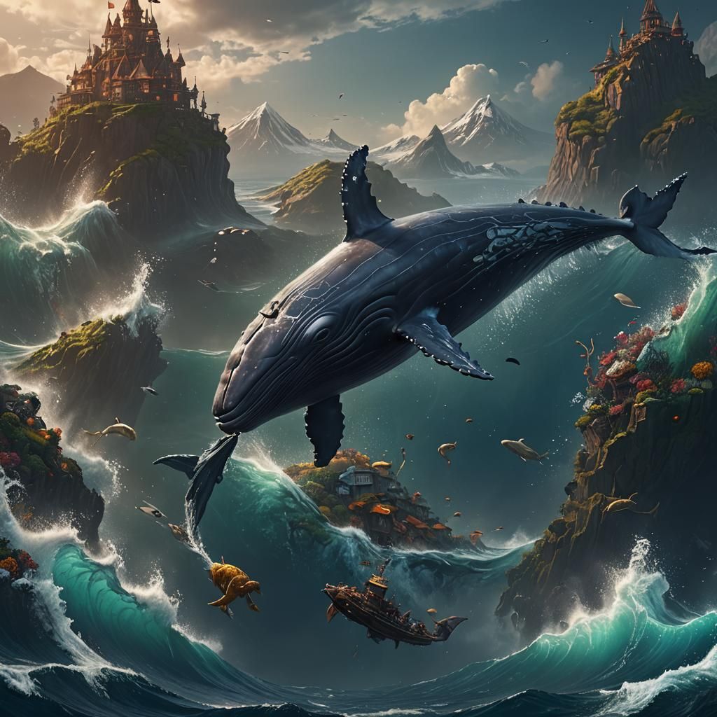 Surreal Sea Monster Takes Flight in Vibrant Fantasy Realm