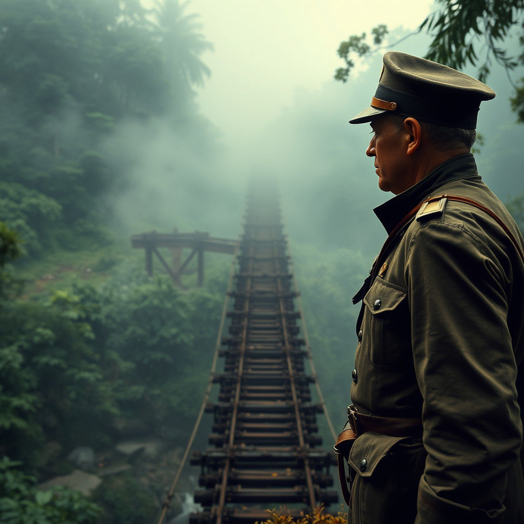 Colonel Nicholson Surveys the River Kwai Bridge in a Misty J...