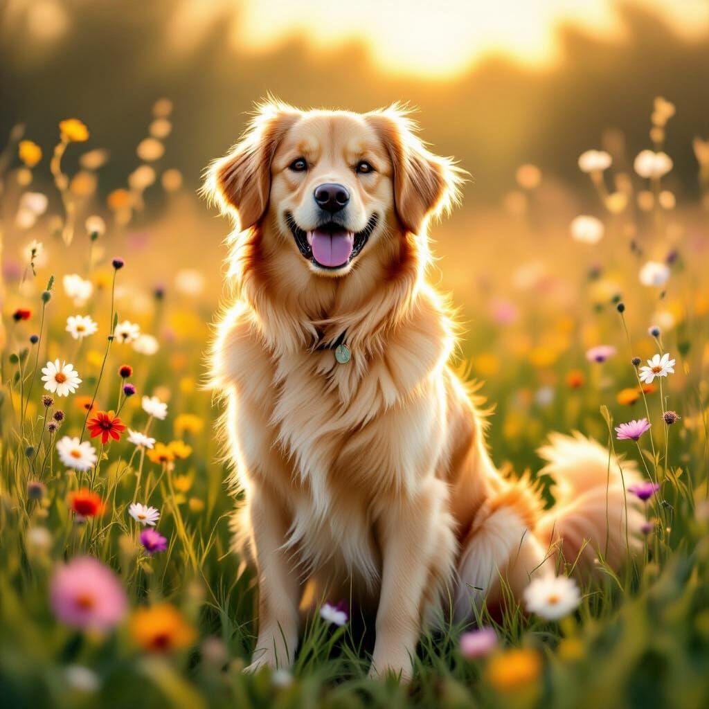 Golden Retriever in Wildflower Meadow at Golden Hour