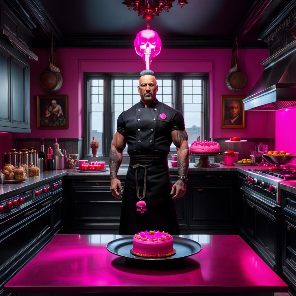 Goth Chef in Black Robes Holds Bright Pink Skull Cake in Hyp...