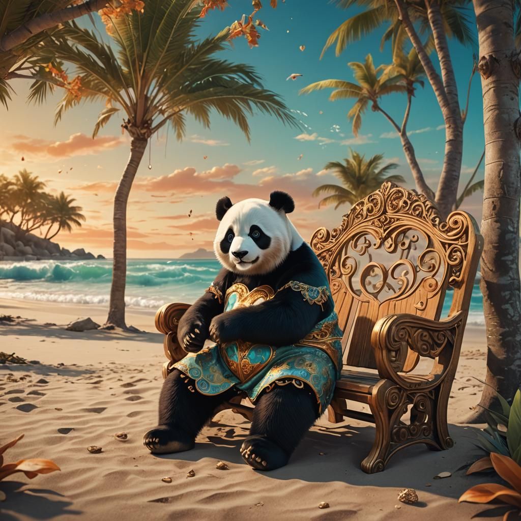 Whimsical Panda Sits on Beach Bench, Surrounded by Vibrant F...