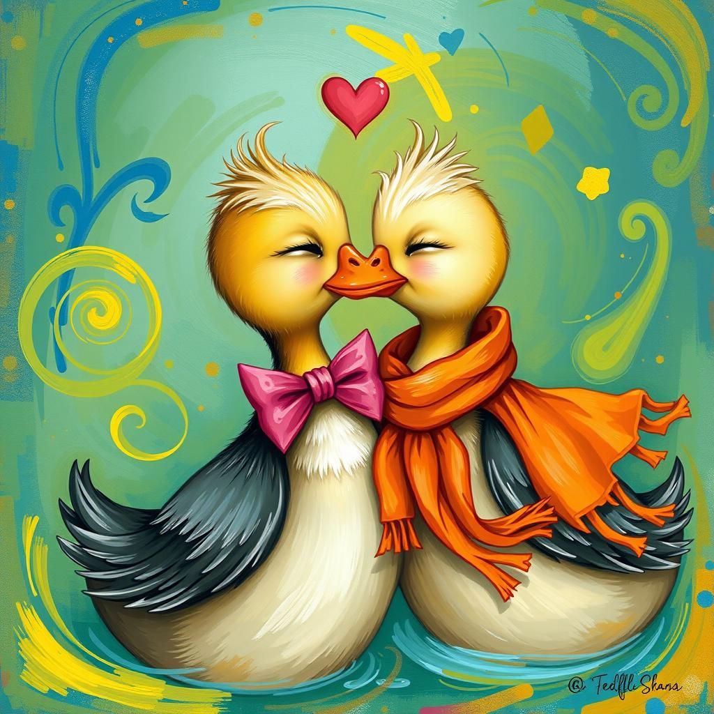 Whimsical Ducks Kiss in Vibrant, Swirling Patterns