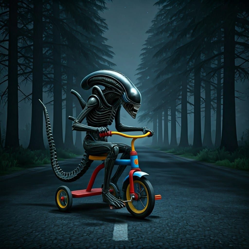 Menacing Xenomorph Rides Colorful Tricycle Under Eerie Moonl...