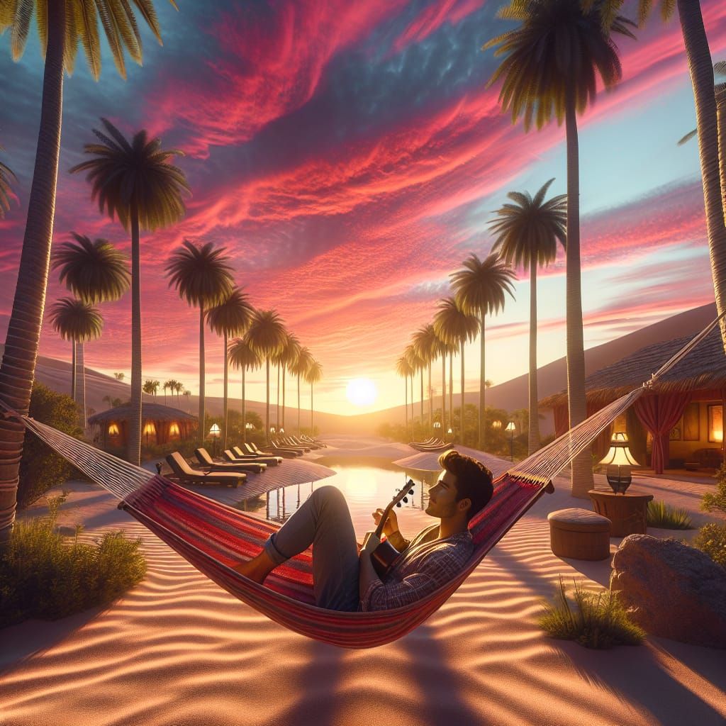 Serene Oasis Sunset with Handsome Musician