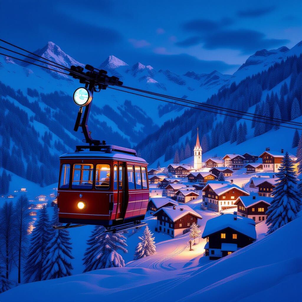 Retro-Futuristic Cable Car Climbs to Glowing Alpine Village