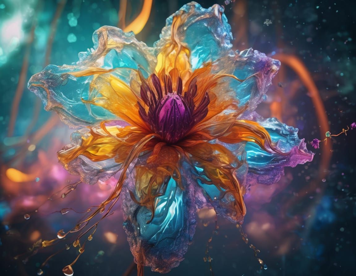 Surreal Glowing Liquid Flower in Cosmic Fantasy Style