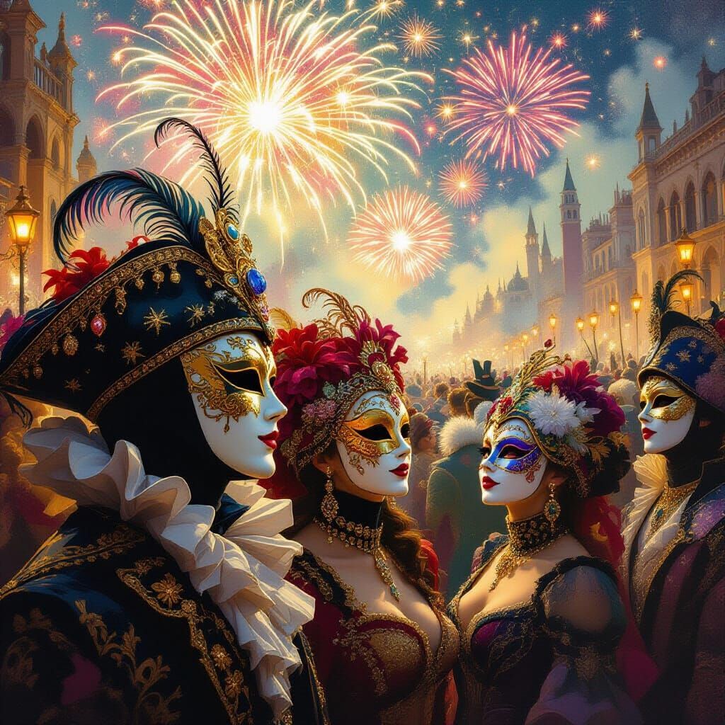 Mystical Festival Masks Under Fireworks