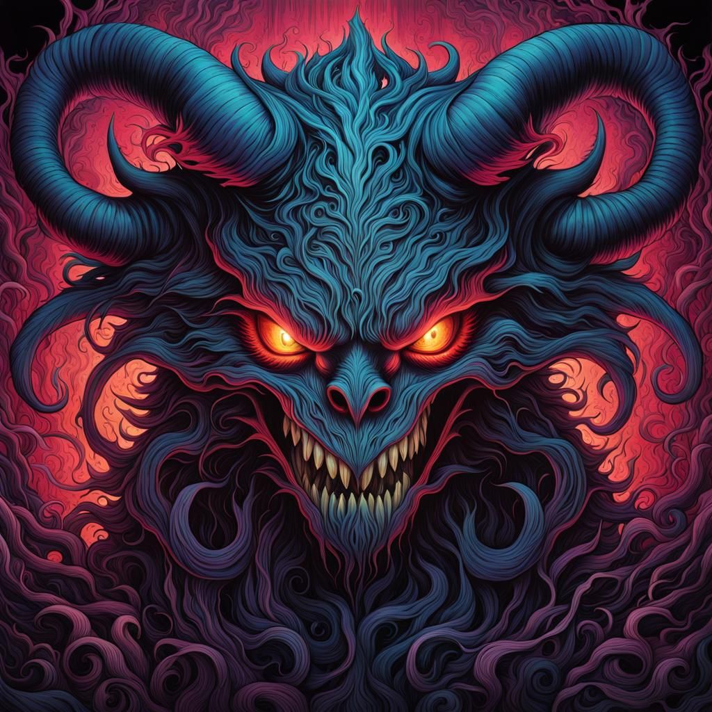 Surreal Demon Portrait in Whimsical, Psychedelic Art Style