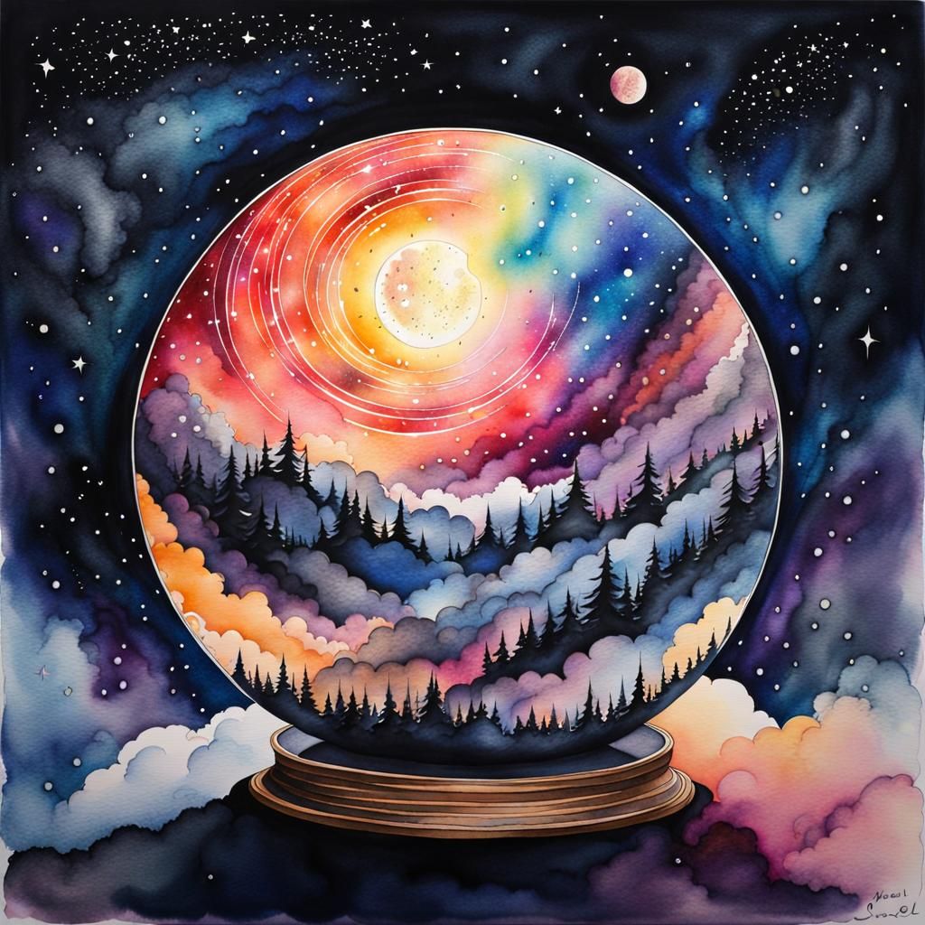 Surreal Cosmic Dreamscape in Watercolor and Ink