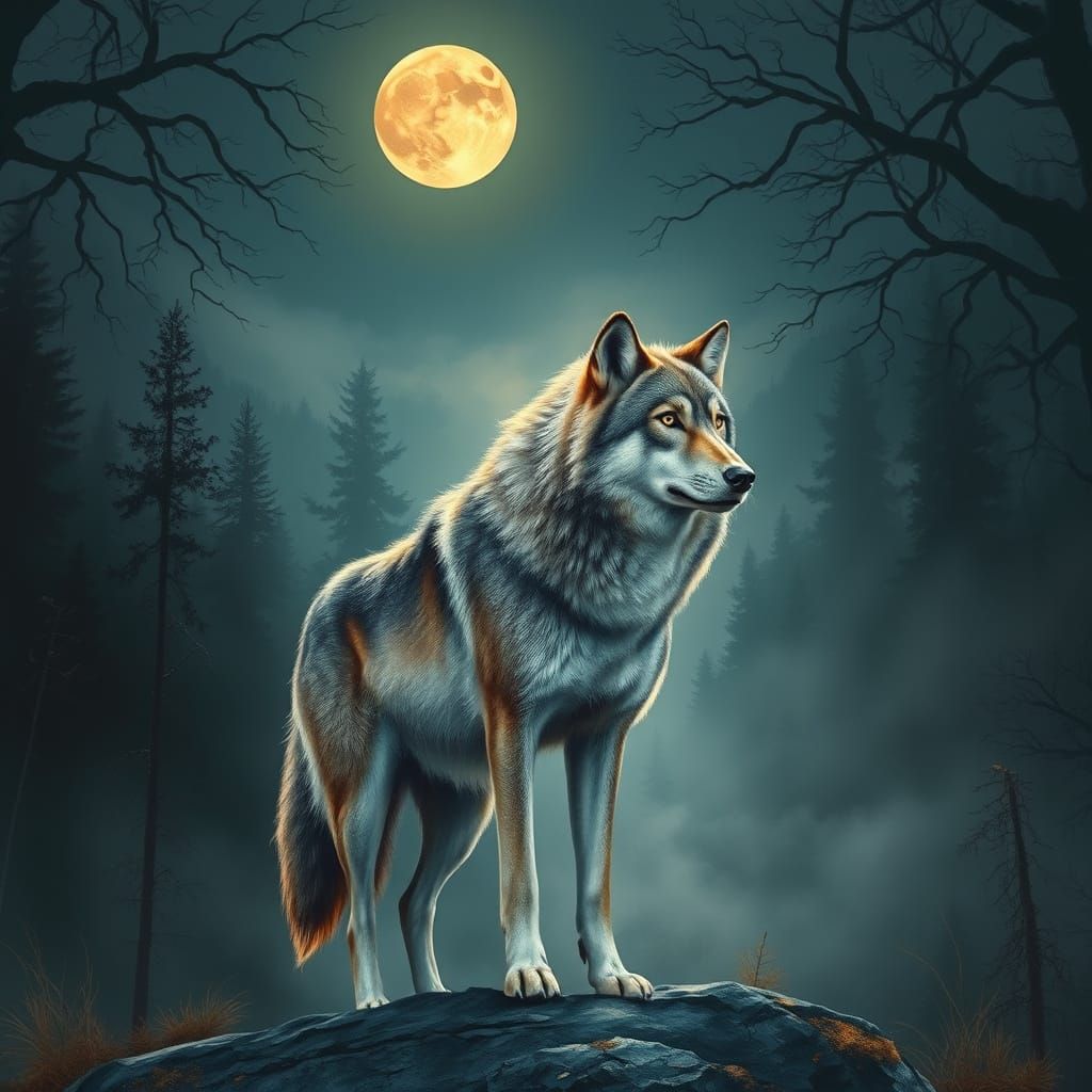 Majestic Wolf Under Full Moonlight
