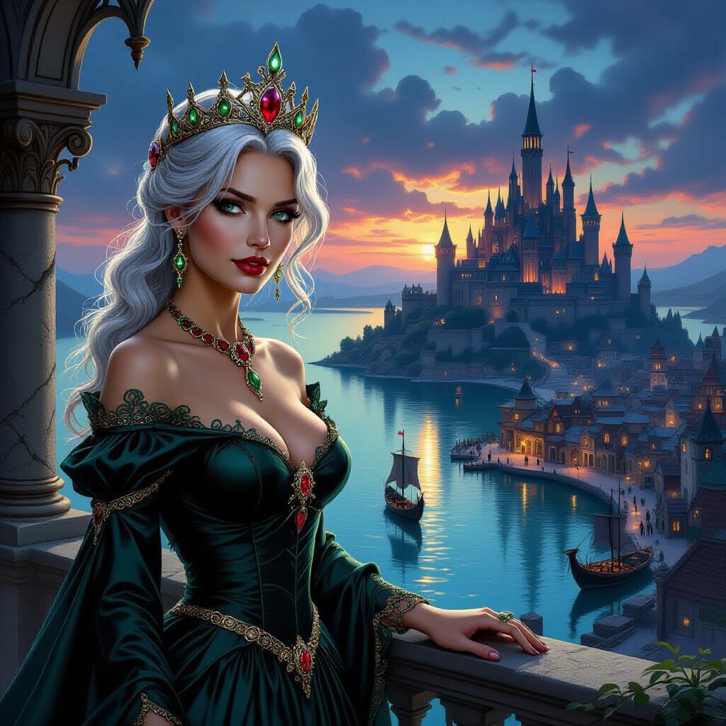 Witch Queen in Emerald Crown Over D&D City