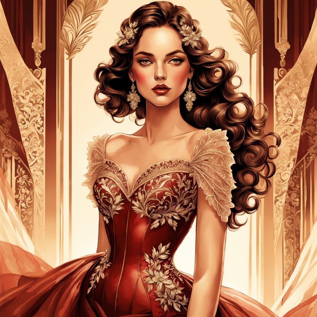 Elegant Woman in Radiant Art Deco Red Dress