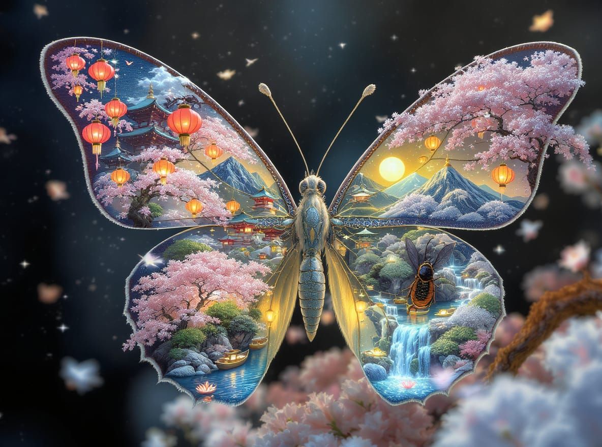 Miniature Japanese Landscape on Butterfly Wings, Pointillism