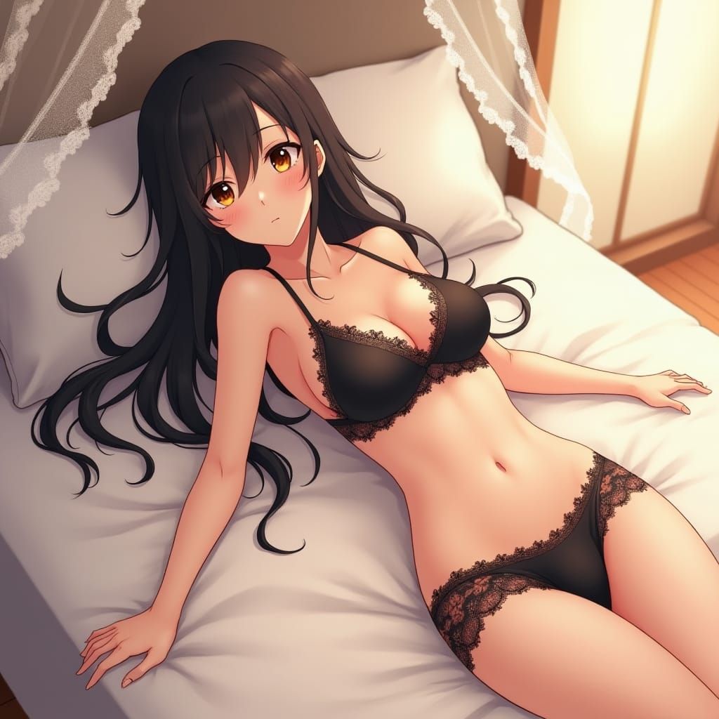 Anime Woman in Black Bikini Sleeps Serenely on White Bed