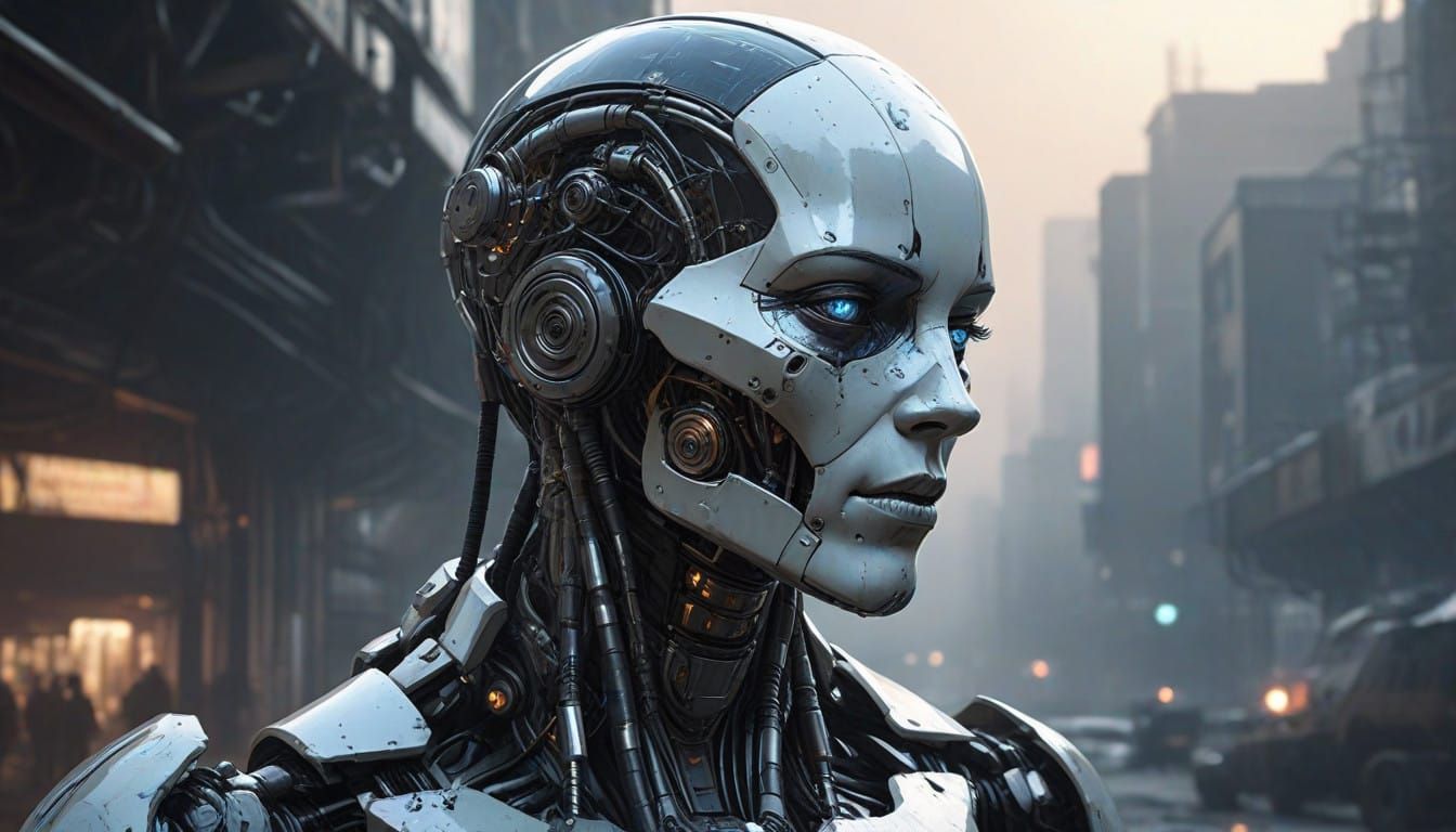 Cyborg in Post-Apocalyptic Wasteland, Radiant Crystalline Bo...