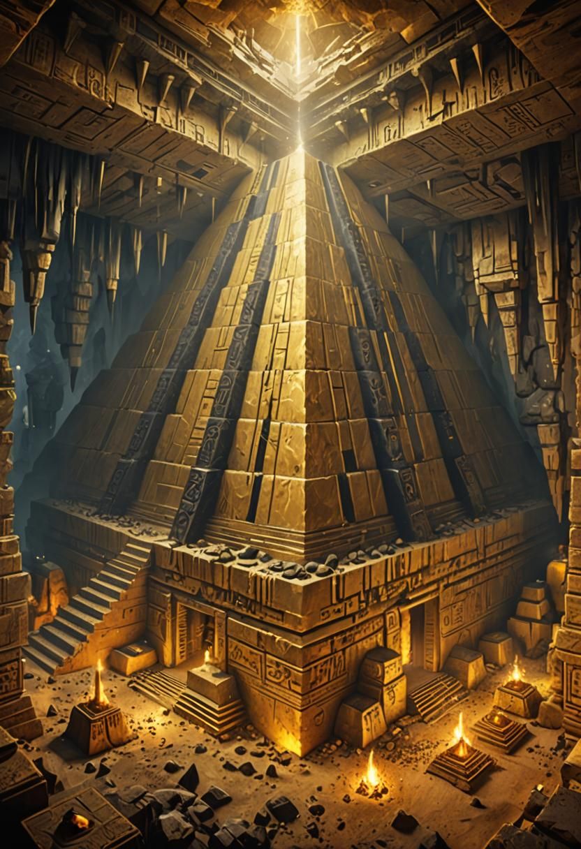Ancient Gold Pyramid Amidst Dark Cave Wonders
