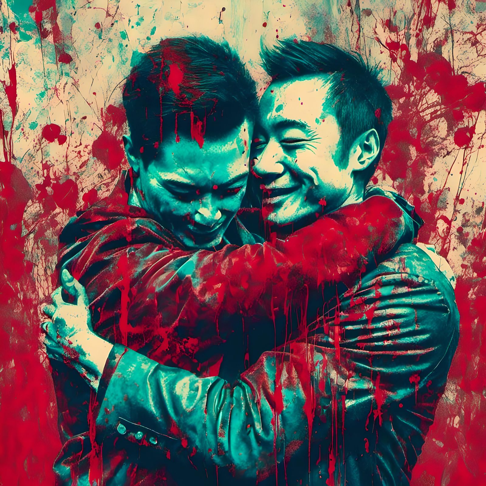 <lora:Macabre:1.0> Pop art poster of gay asian men hugging a...