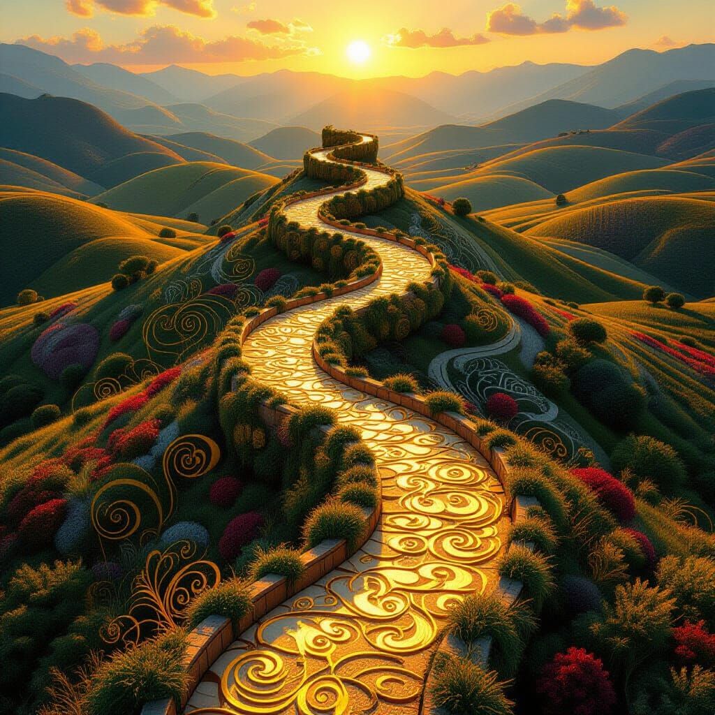 Winding Golden Path Through Dreamlike Landscape