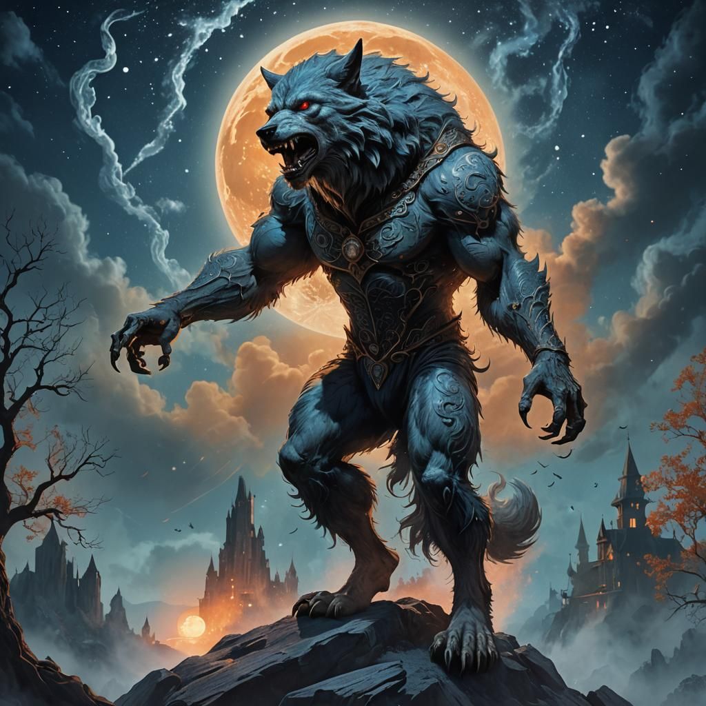 Lonely Werewolf in Eerie Blue and Orange Hues