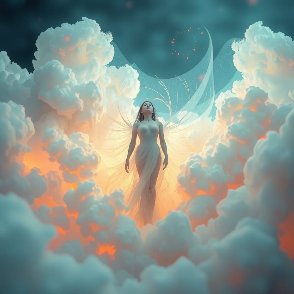 Dreamlike, Mystical Being in Iridescent Clouds