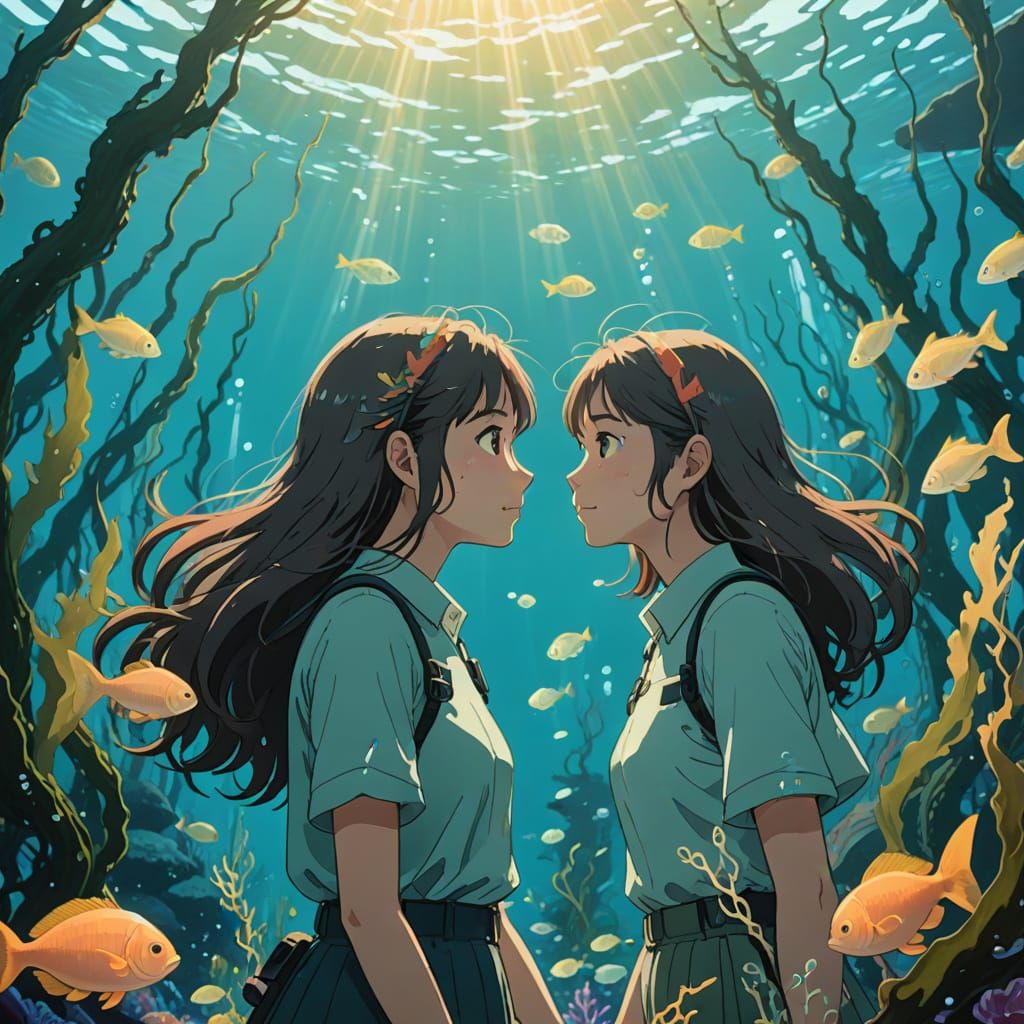 Anime Girls Share Underwater Moment in Ghibli Style