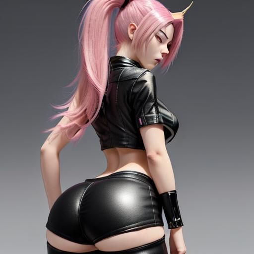 Anime-Inspired Lynx Woman in Tight Leather Shorts