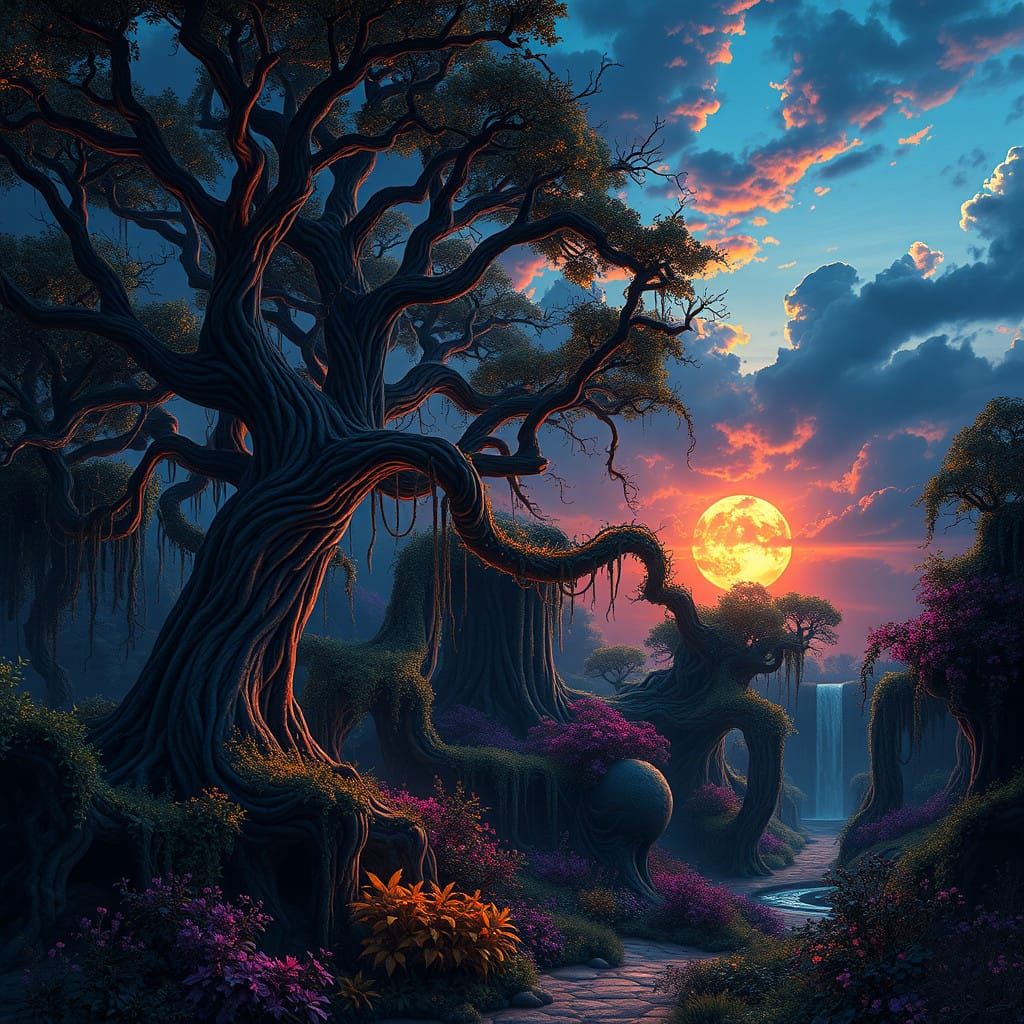 Mystical Realm at Sunset with Ancient Trees and Vibrant Flor...