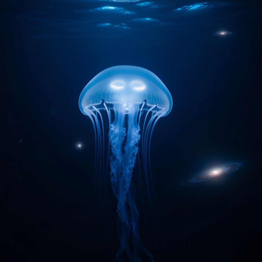 Bioluminescent Jellyfish in Cosmos: Mixed Media Art