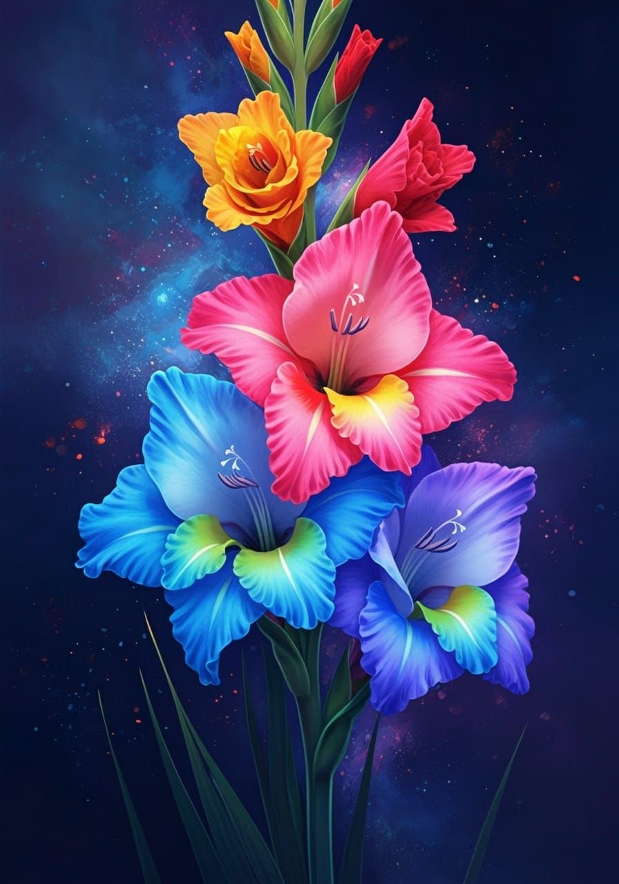 Vibrant Rainbow Gladiolus Blooms in Cosmic Beauty