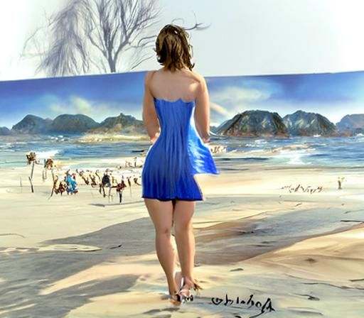 Woman in Blue Dress Stands on Beach, Gazing Out to Sea