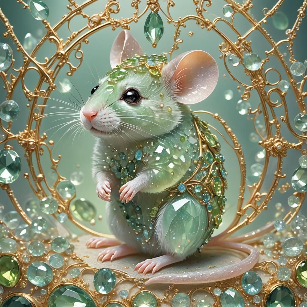 Mint-Tourmaline Mouse in Radiant Opal and Golden Filigree