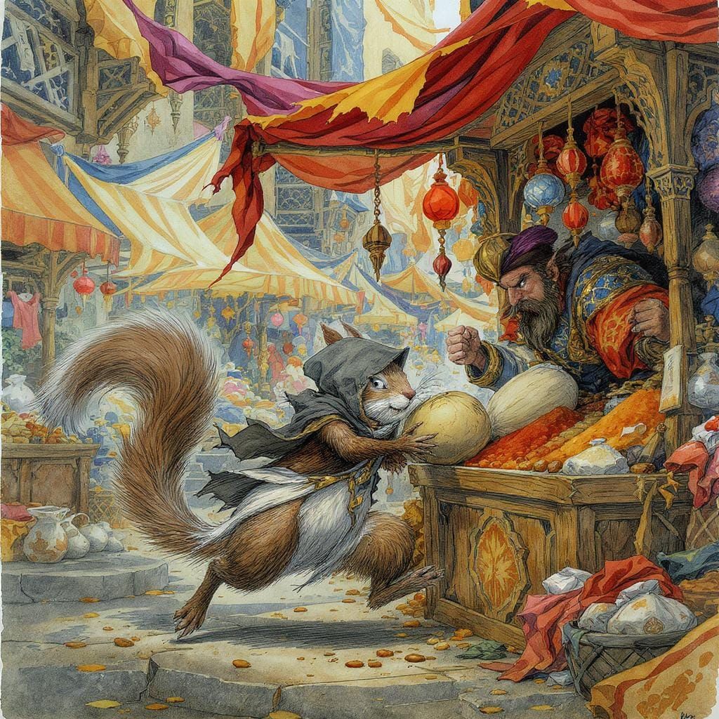 Squirrel Thief in Fantasy Marketplace, Watercolor Art