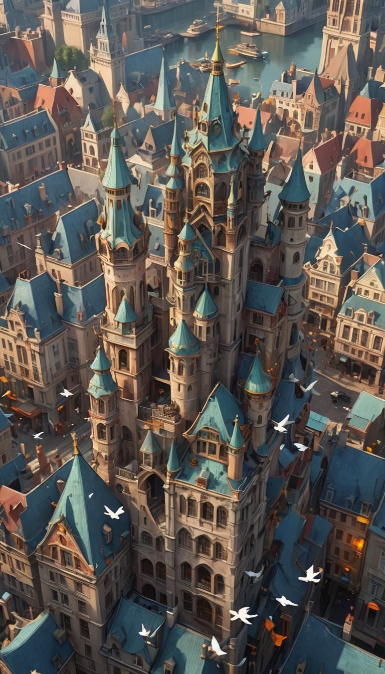 Spires of a Mystical City, Flock of Birds, and Harbor Under...